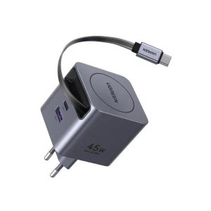Incarcator rapid cu cablu retractabil UGREEN 45W GaN Fast Charger X614, 2 x USB C + 1 x USB A, Gri – ofertă, preț și specificații